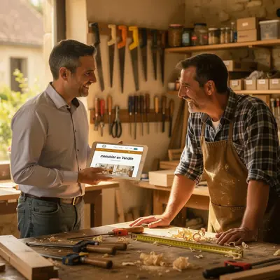 Nelson Terra, consultant web, présente un site internet à un artisan menuisier en Vendée